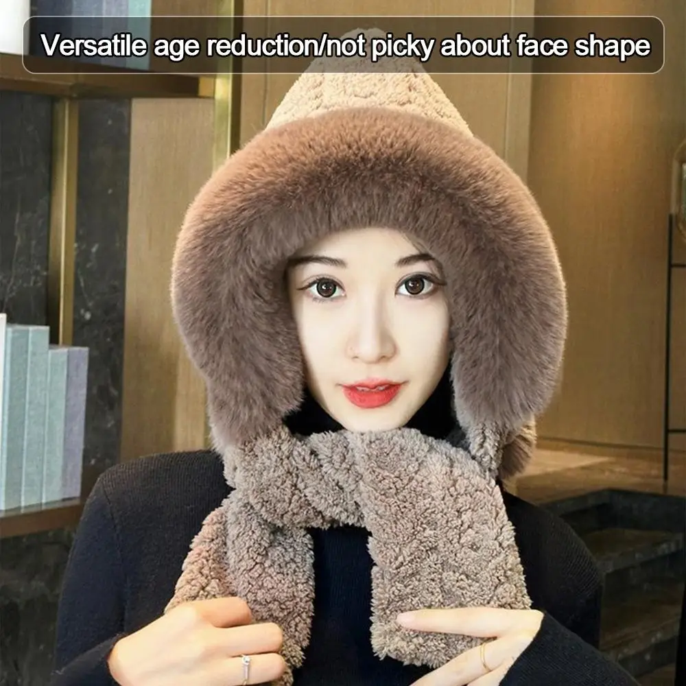 Gorro integrado de invierno de felpa a la moda, bufanda a prueba de viento, gorro cálido, bufanda, calentador de cuello grueso suave para mujer