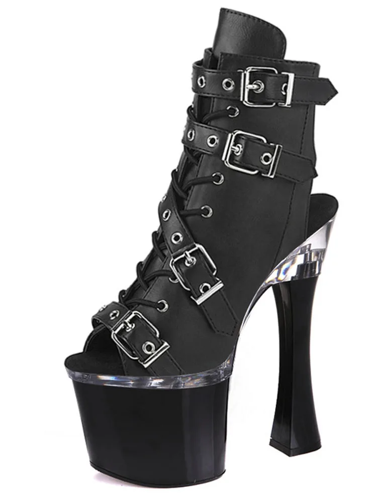 

18CM Women Sexy High Heels Platform Big Size 8 Inches Low Tube pole dance Short Stripper Exotic Gothic Shoes Buckle Strap Punk