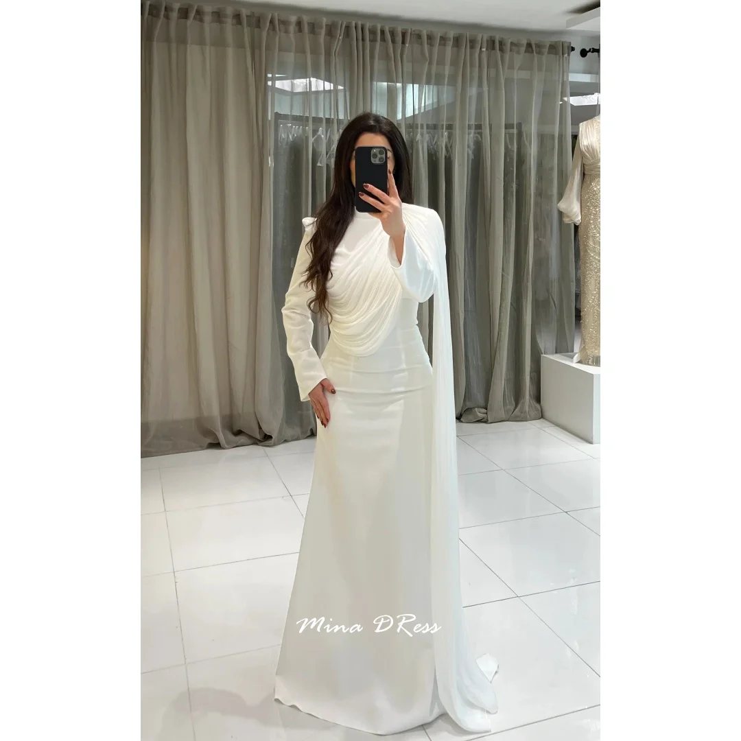 

Mina Customized White Prom Dresses Luxury Party Dress Folds Elegant Formal Women's Dresses for Special Occasions Long Sleeves