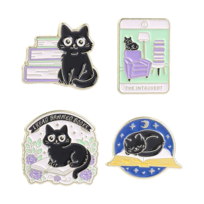 Cartoon Black Cat Reading Enamel Pin Tarot Cards The Introvert I Banned Books Floral Cat Brooch Bag Lapel Badge Fun Jewelry Gift