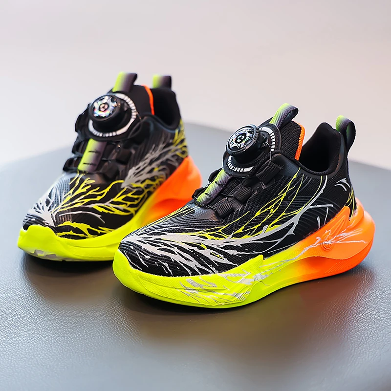 Students Sneakers Handsome Graffiti Children Running Shoes Rotating Button 2025 Autumn New Kids Basketball Shoes Soft Bottom
