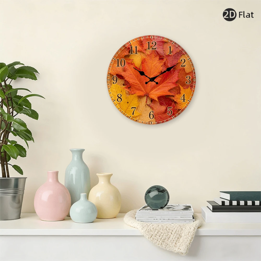 Autumn Maple Leaves 2D Flat Wall Clock 10 Inch Silent Non-Ticking Vibrant Fall Foliage Room Decor for Living Room