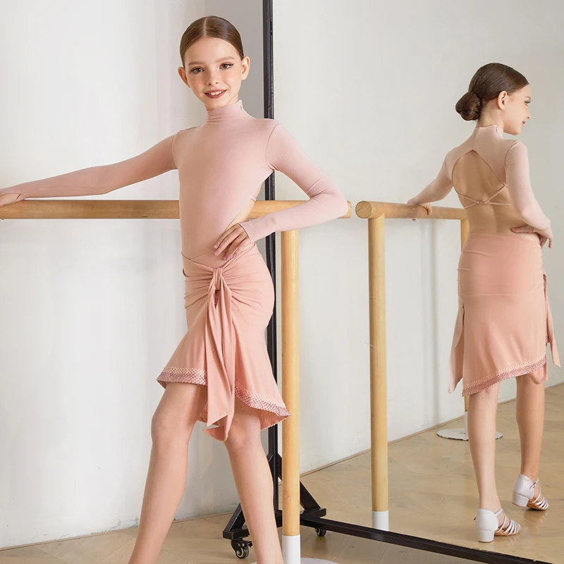 

Платье для латинских танцев по индивидуальному заказу для детей и девочек, топ с открытой спиной и полувысоким воротником, костюм для латинских танцев, костюм для похудения