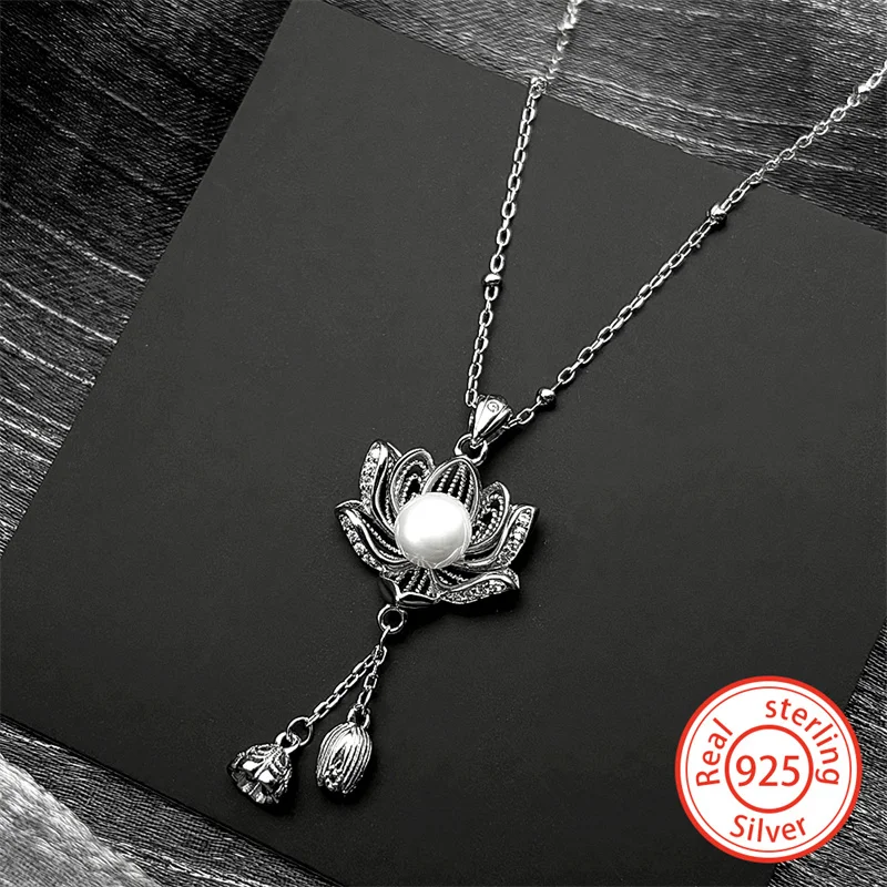

Luxury 925 Sterling Silver Lotus Pearl Zircon Pendant Necklace for Women Girl Flower Charms Buddhist Choker Chain Jewelry Gift
