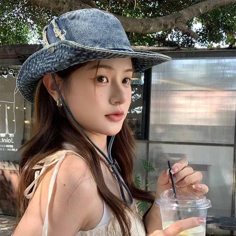 

Новинка 2025, ретро ковбойская рыбацкая шляпа в стиле вестерн с необработанными краями, декоративная ветрозащитная веревка, женская шляпа от солнца, защита от солнца, уличная альпинистская шляпа