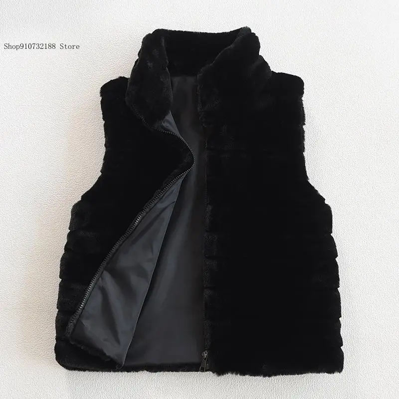 Women\'s Warm Zipper Faux Fur Sleeveless Vest In Pure Color Stand Collar Jacket for Spring and Autumn