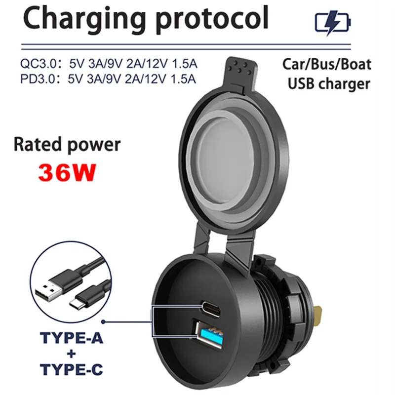 P-Premium-USB-A Tipo-C QC3.0 Presa di ricarica rapida Alimentatore per auto Adattatore di ricarica impermeabile per moto da nave