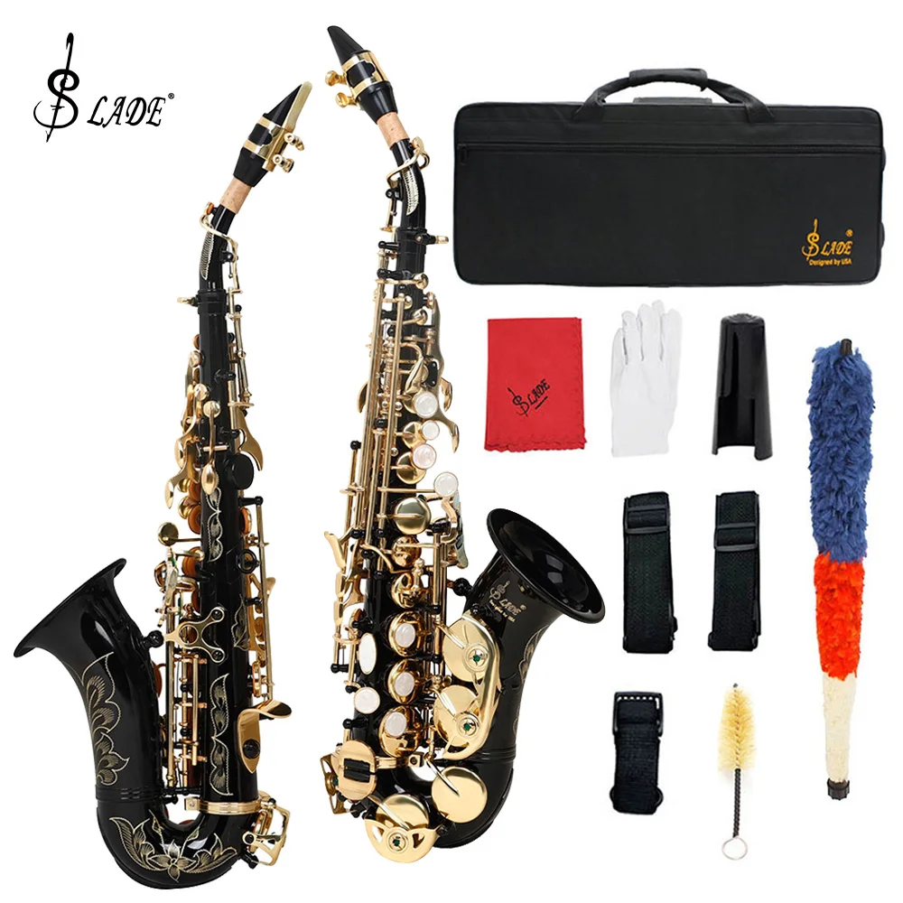 

SLADE Soprano Saxophone Brass Bb key Saxophone with Case Strap Brush Parts Carved White Shell Button Black Gold Button Sax