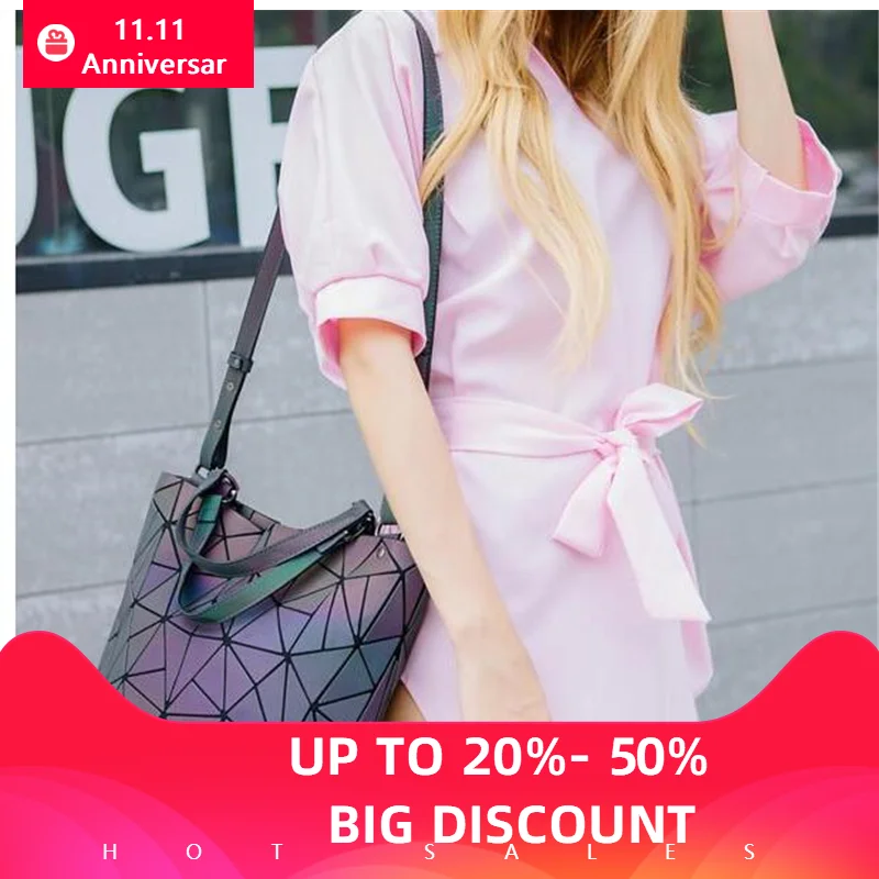 Discount Women Geometry Handbag Hologram Plain Folding Tote Bucket Luminous Bag Geometric Large Capacity Shoulder Crossbody Bags