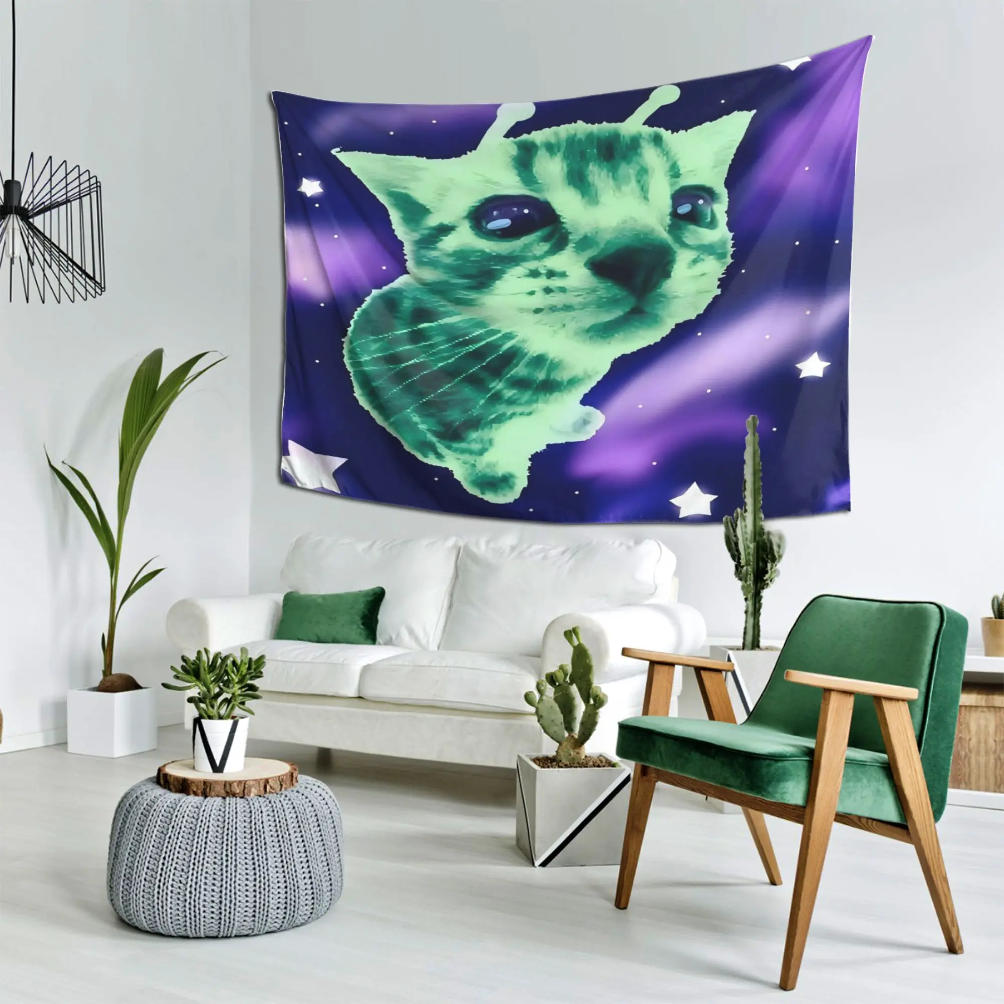 Y2K Green Cat Minimalist Tapestry, Aesthetic Wall Hanging Decor for Bedroom Living Room & Office, Perfect Gift