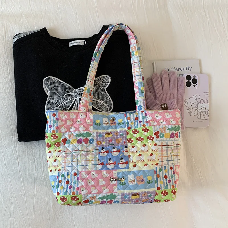 

Caual стеганые хлопковые женские сумки на плечо с цветочным принтом, легкие универсальные женские большие сумки-тоут, простые женские сумки-ведра