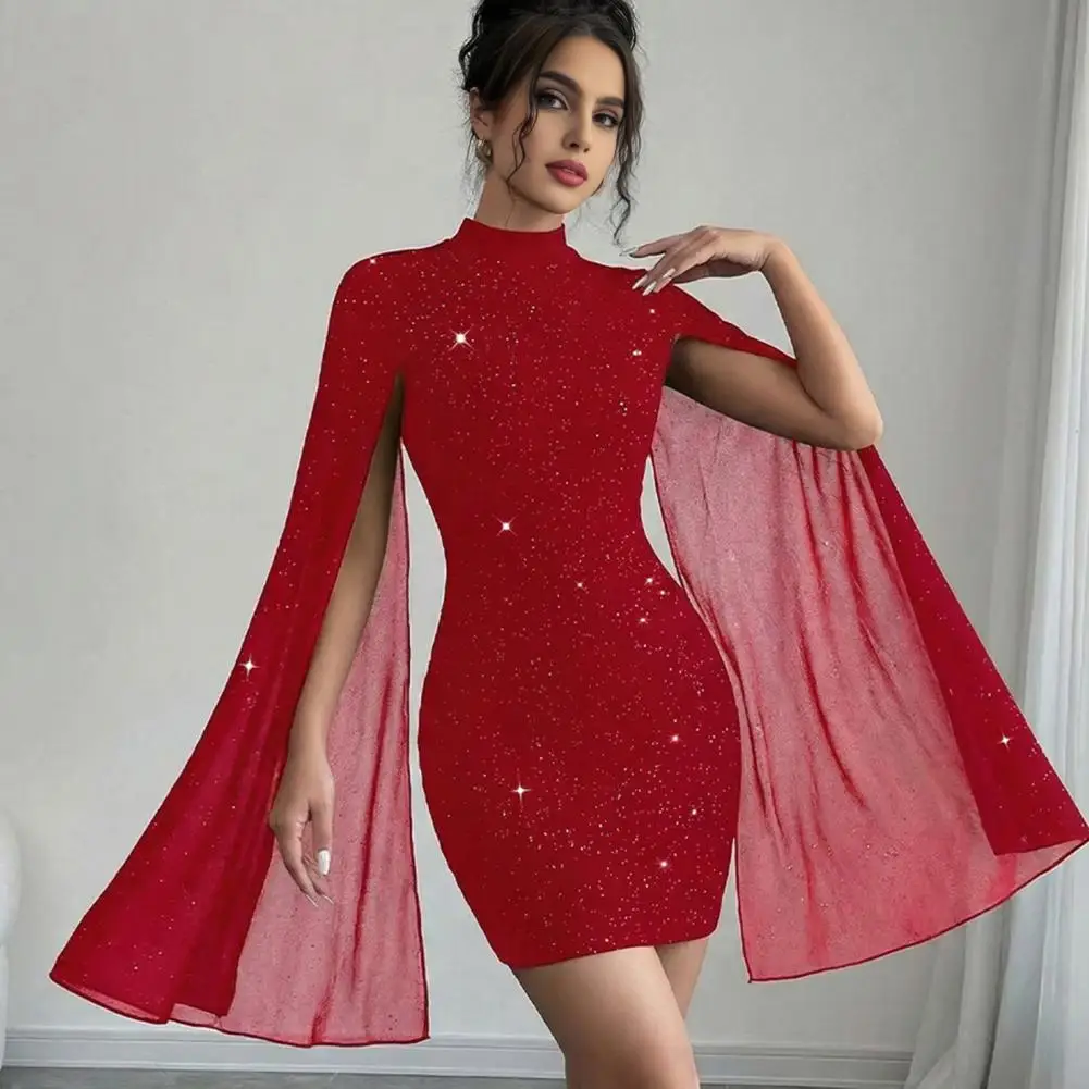 Office Slim Dress Women's Glitter Cloak Sleeve Mini Dress Sexy Mock Neck Cocktail Party Dress Going Out Wedding Guest Dresses