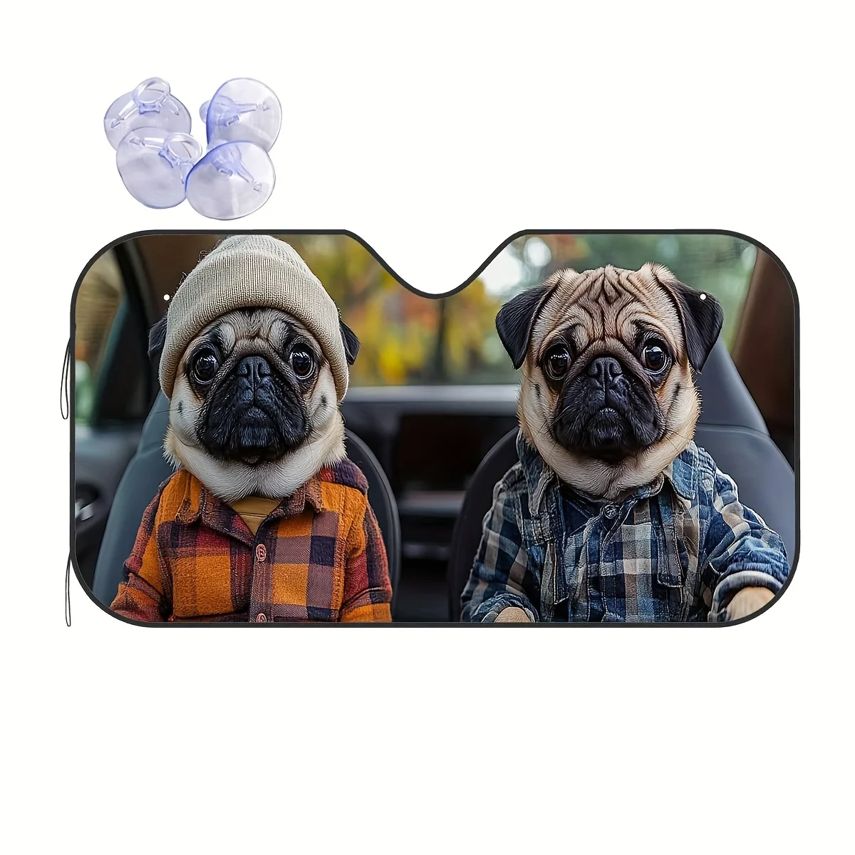 

1pc Cute Pug Dogs Autumn Plaid Pattern Creative Car Sunshade, Window Shade For Windshield, Easy To Install, Protects From Heat,
