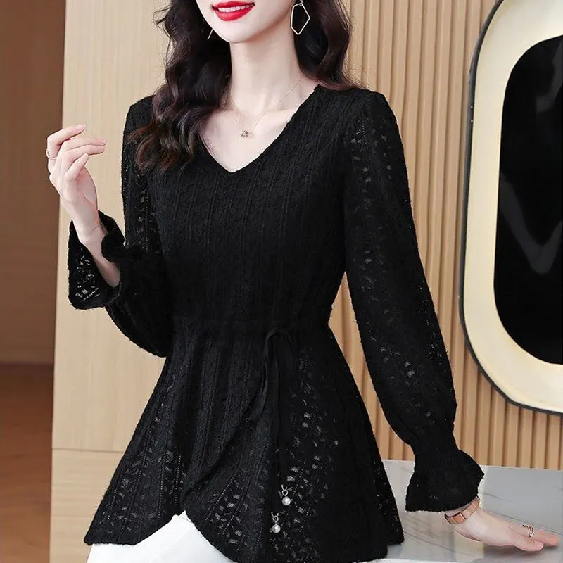 Commute Solid Color Lace Shirt Spring Autumn Long Sleeve Stylish Asymmetrical Women\'s Clothing V-Neck Slim Drawstring Blouse New