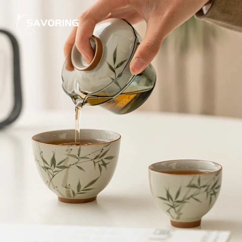 Pintado à mão Verde Bambu Viagem Tea Set, cerâmica portátil, acampamento ao ar livre Kung Fu Tea Set, Cerimônia Puer Copos, suprimentos de chá