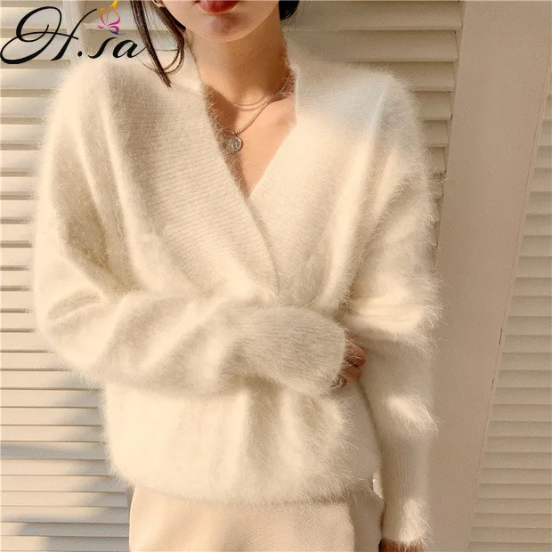 Hsa 2022 Women Spring Knitwear Sweater Jumpers Mohair V-neck Mink Fur Sweater Pullover Korean Solid Fake Fur Chic Sweater Coat