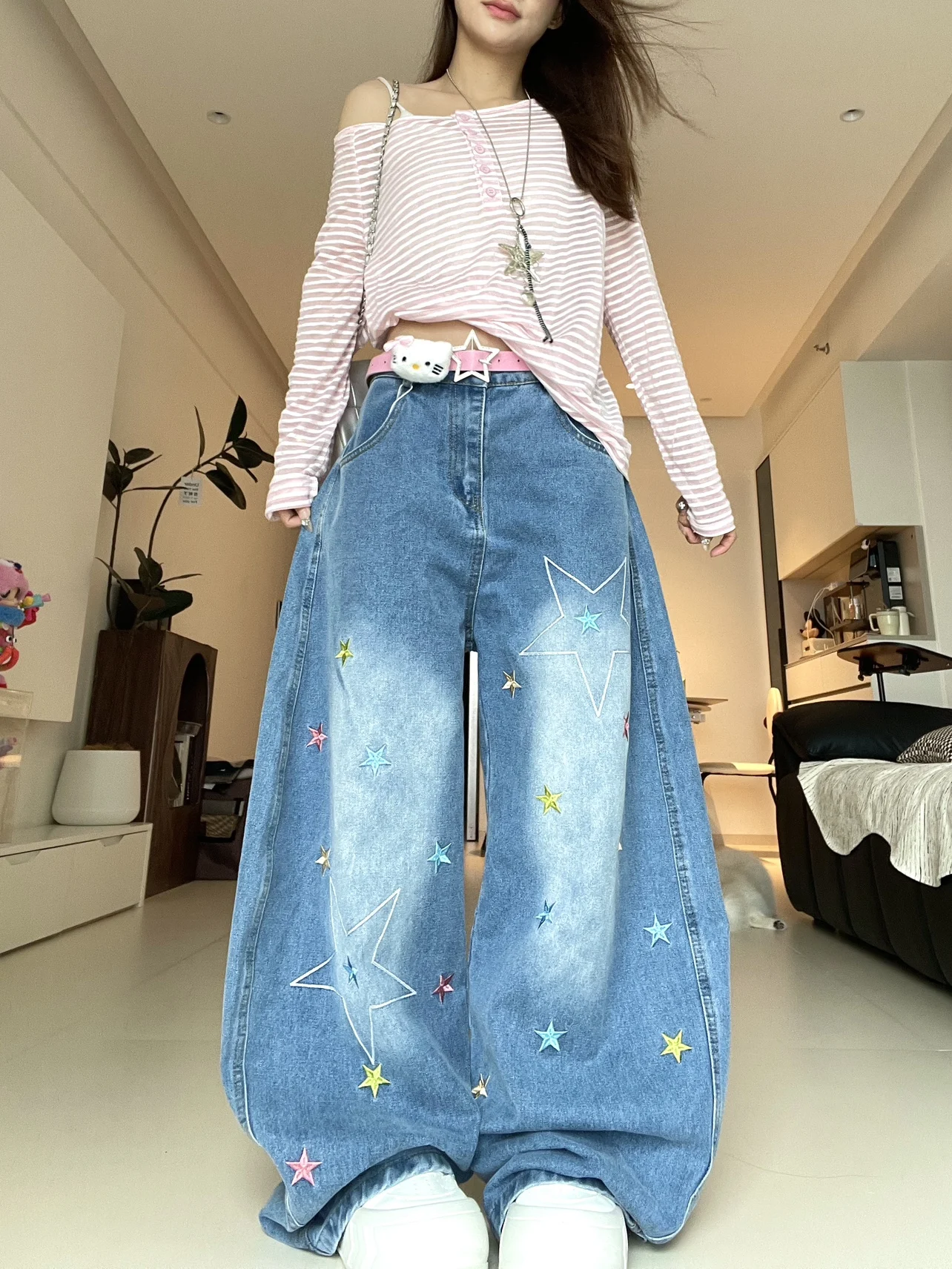 

Американские джинсы с вышивкой, широкие, женские, летние, тонкие, повседневные, свободные, модные, из хлопкового стрейч-денима