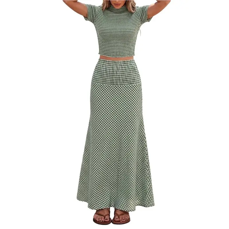 

CYL-Summer Skirt Sets Women 2 Piece Outfits Cap Sleeve Top Elastic Waist Maxi Dress Sets Green S