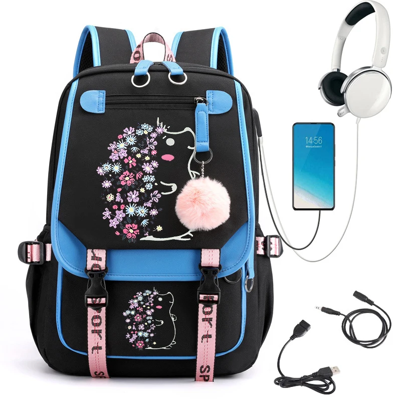 

Floral Hedgehog Anime Schoolbag for Girls Large Student Backpack High School Student Backpack Bags Cartoon Bagpack Usb Bagpack