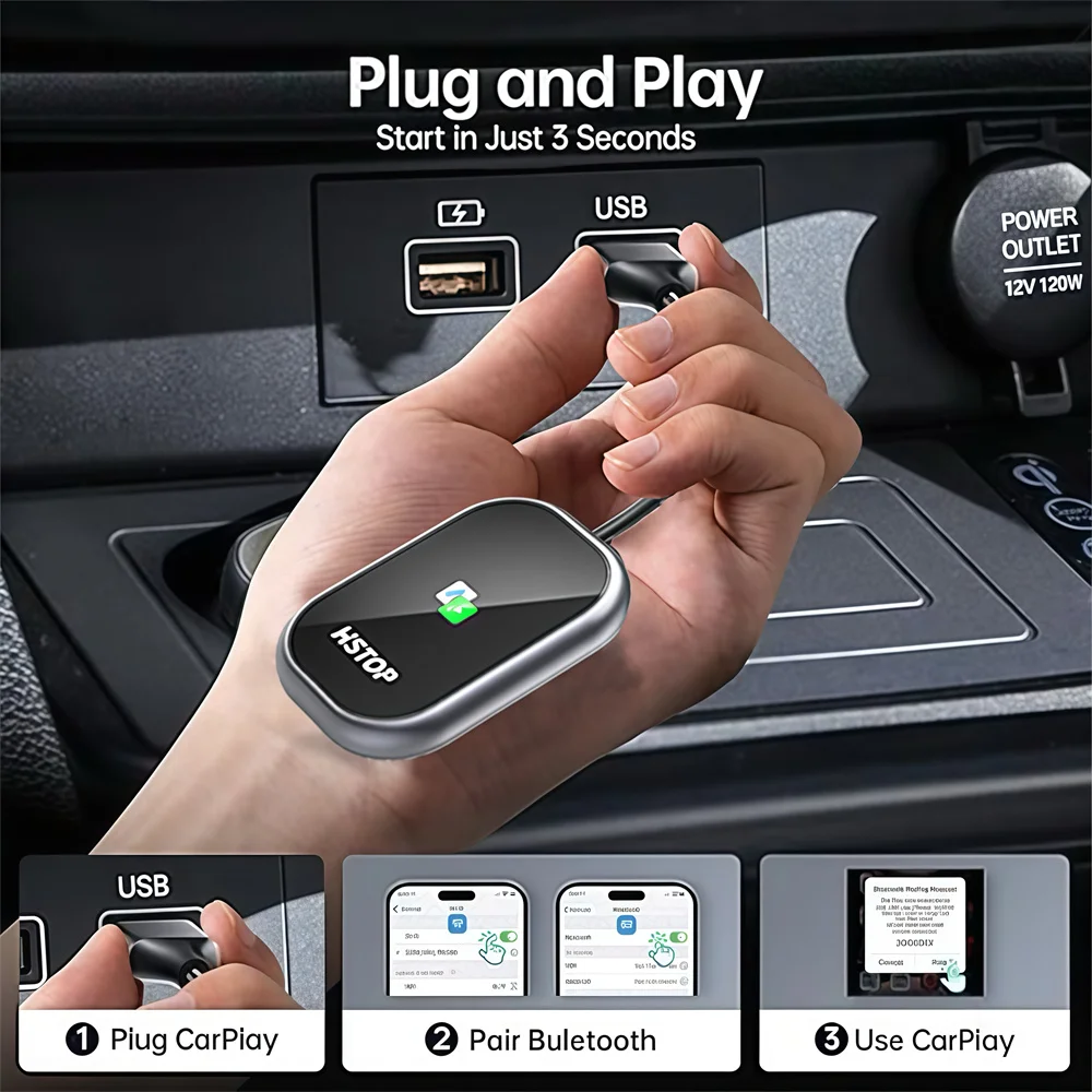 Wireless CarPlay Adapter Converts Wired To Wireless CarPlay Dongle for IOS and Android Plug Play Auto Connect Zero Latency Fits