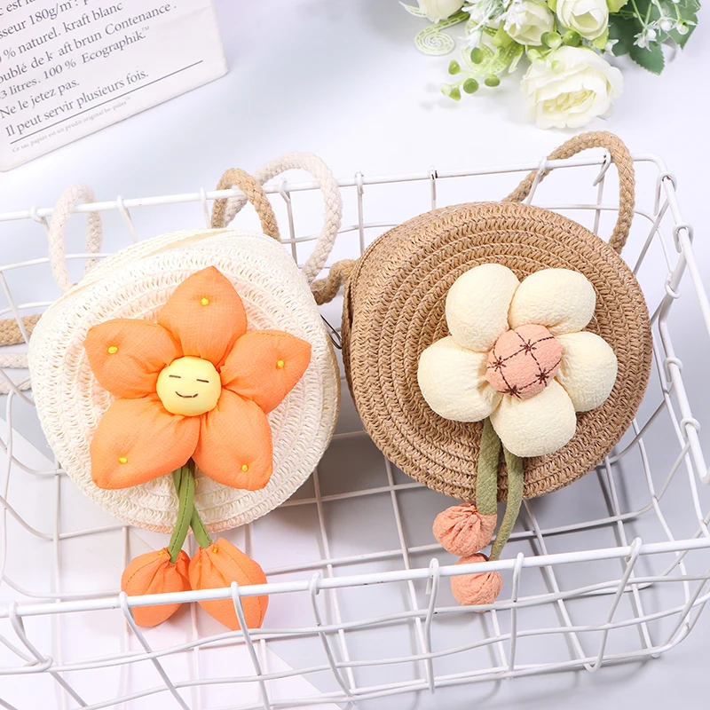 Handmade Summer Children Girls Shoulder Bag Flower Straw Baby Bags Messenger Bag Kids Keys Coin Purse Cute Princess Mini Handbag