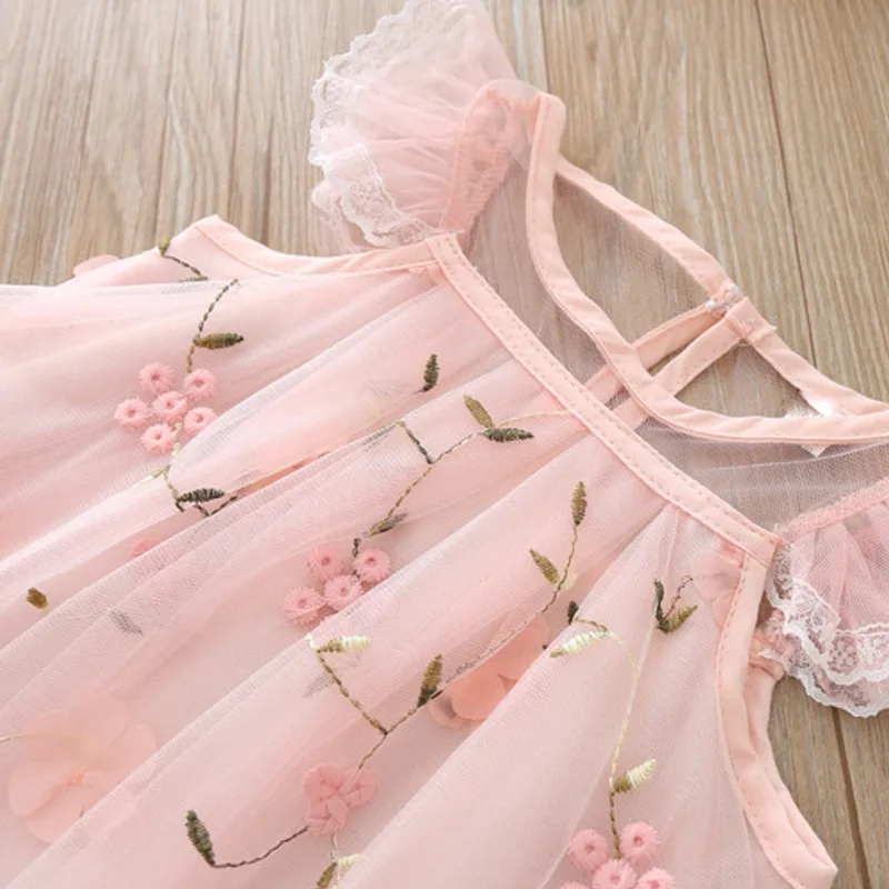 Children Girls Tulle Dresses 1-6T Party Sundress Short Sleeve Lace Birthday Dress Kids Outfit Cute Ruffle Princess Dress