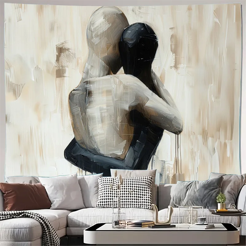 Abstract Pair Tapestry Wall Hanging Modern Art Beige Neutral Decor Canvas Large Size Living Room Bedroom Aesthetic Artwork Decor