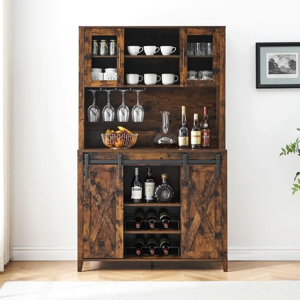 Cabinet alta do vinho com deslizante celeiro porta, armazenamento prateleiras, vinho e copos Rack, Farmhouse Bar armário, 70"