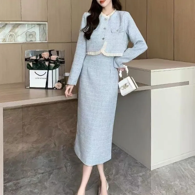 

Insozkdg 2024 Spring Autumn Korean Women Two Pieces Set Long Sleeve Blazer Coat + Casual A-line Midi Skirt Elegant O-neck Suits