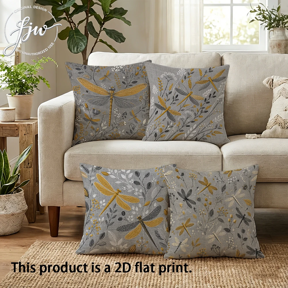 4pcs Rustic Dragonfly and Wildflower Linen Throw Pillow Covers Farmhouse Gray Yellow Decorative Cushion Cases for Sofa Couch