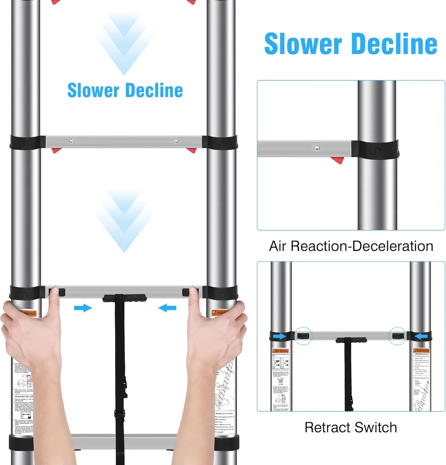 15.5 FT Ladders Stainless Steel - One-Button Retraction Collapsible Extension Ladder for Home,RV,Loft, Lasts 375 LBS with 2 Tria