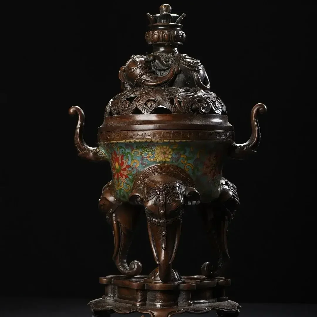 

16"Tibetan Temple Collection Old Bronze Cloisonne Enamel Taiping Elephant Statue Elephant Head incense burner Base Ornaments