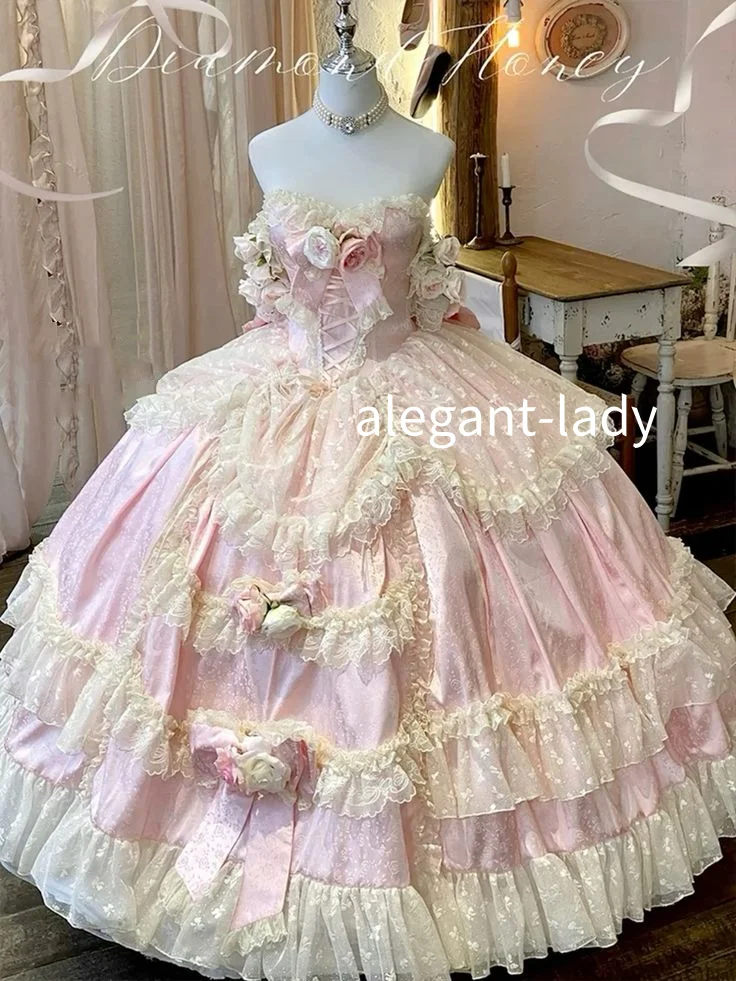 

Pink Lolita Corset Prom Dress Sweetheart Sheath Lace Inlay 3D Floral Women's Party Victorian Evening Gowns Customised