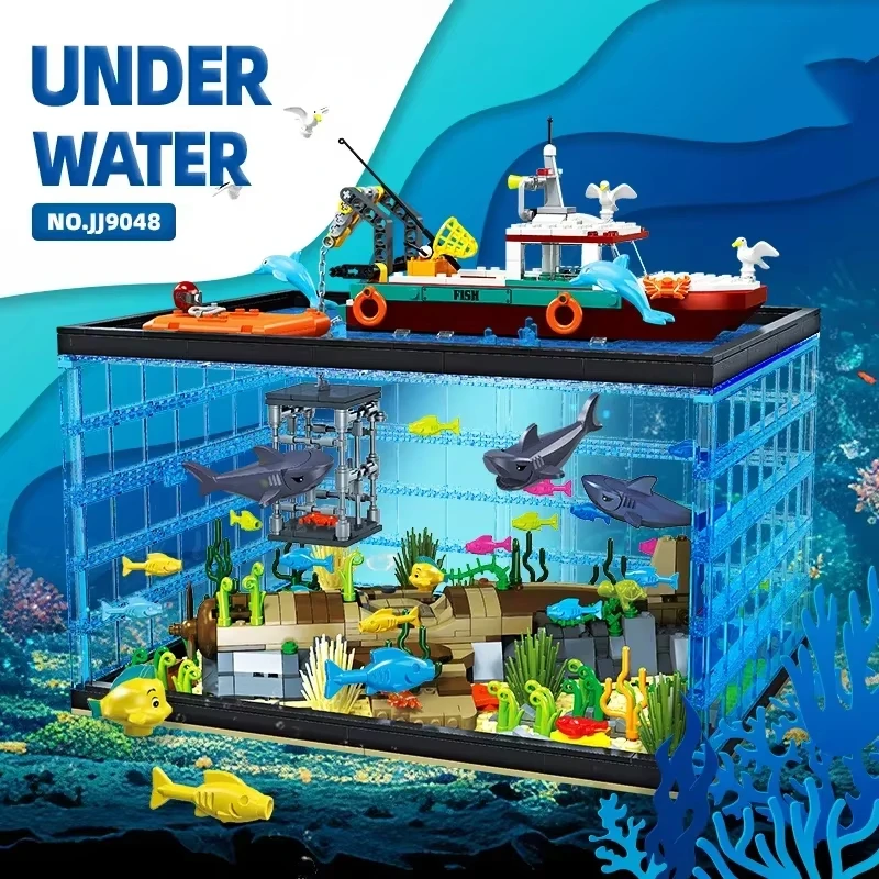 

1519pcs Deep Sea Ruins Fish Tank Building Blocks MOC Undersea World Fishing Boat Shark Model Bricks Desktop Ornaments Kids Toys