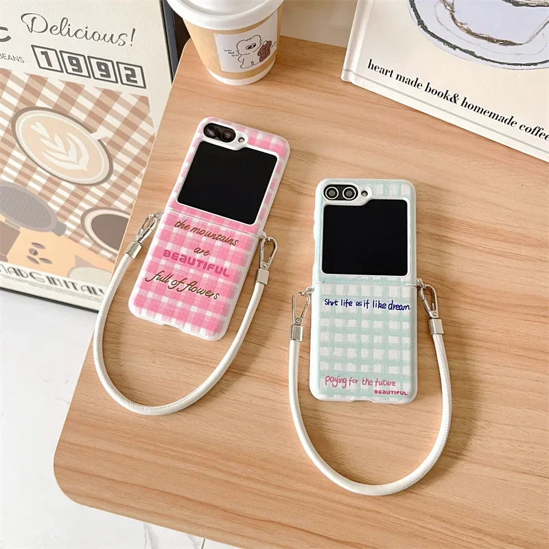 

Pink Green Plaid Phone Case for Samsung Galaxy Z Flip 6 5 4 3 Protective Back Cover for ZFlip4 ZFlip5 ZFlip6 Case