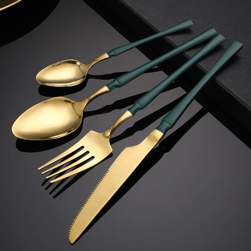 New 5PCS 304 Stainless Steel Cutlery Set with Pattern Gold Silver Western Tableware Knife Fork Spoon Utensils for Kitchen