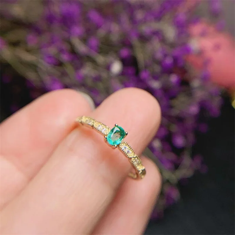 18K Yellow Gold 925 Sterling Silver Real Natural Original Emerald  4X3mm with Certificate Adjustable Size Ring for Women