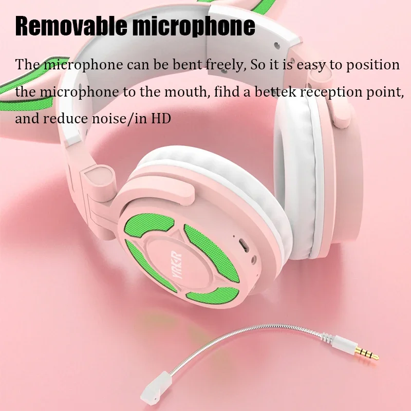 

High Resolution HiFi Surround Sound RGB Cat Ear Wireless Bluetooth 5.3head Mounted Gaming Headset with Detachable ENC Microphone
