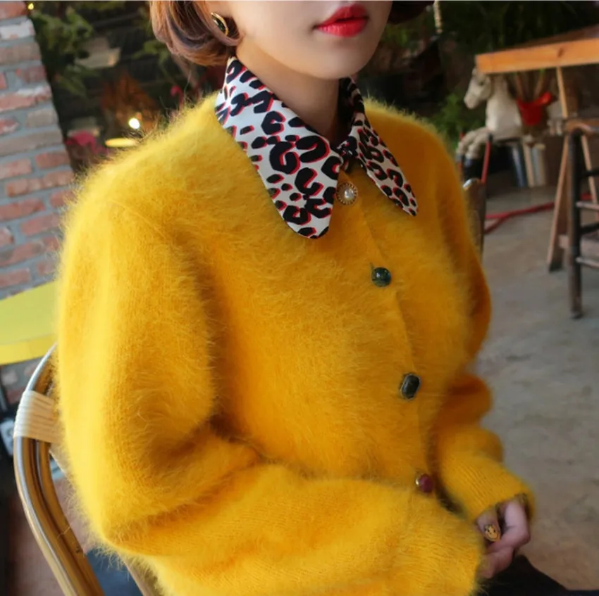 Korean New Autumn Winter Pink Mink Cashmere Cardigan Coat For Women Color Single Breasted Thick Knitted Mohair Sweater Outwear