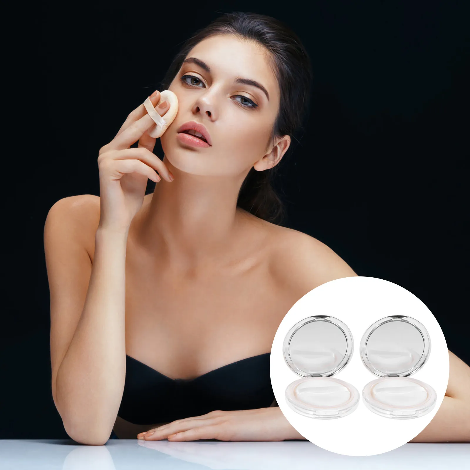 

2Sets Loose Powder Box Elegant Refillable Container No Leakage Strong Build-in Puff for Outdoor Home Use Beauty Tool