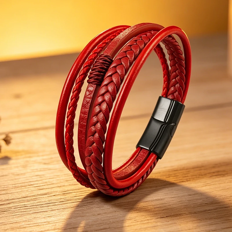 High Quality 4  Color Men Stainless Steel Magnetic Clasp Bracelet Red Multi-layer Braided Leather Wristband Fashion Punk Jewelry