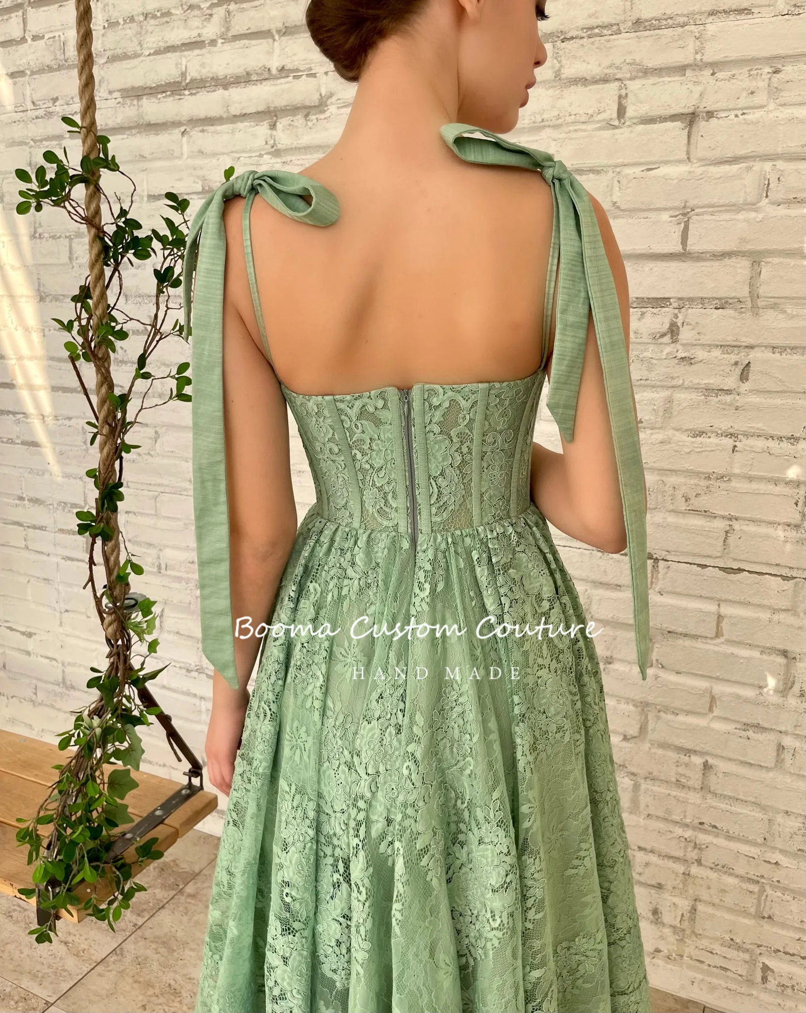 Booma Green Lace Midi Prom Dresses 2022 Sweetheart Bow Straps Corset Boning A-Line Wedding Party Dresses Open Back Formal Gowns