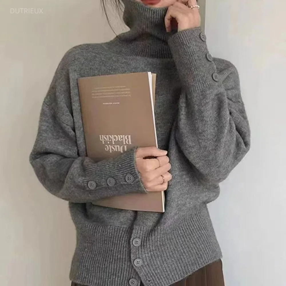 Personalized Simple Office Lady Slim Knitwear Solid High Waist Turtleneck New Sweaters Vintage Korea Chic Lazy New Jumper