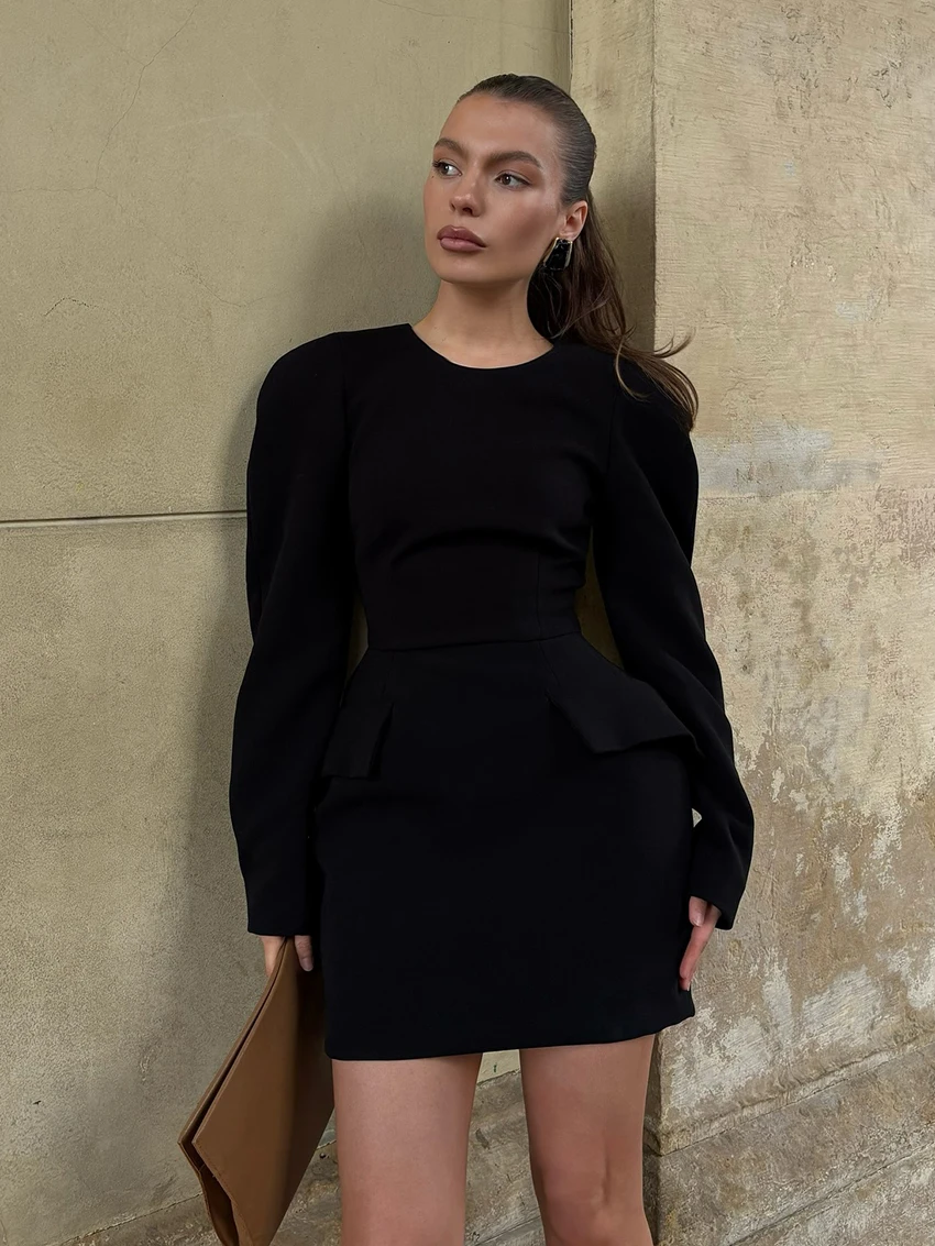 

Marthaqiqi Winter Women Nightgowns O-Neck Sleepwear Long Sleeve Sleepwear Double Pockets Mini Dress Ladies Pajamas Comfort Black