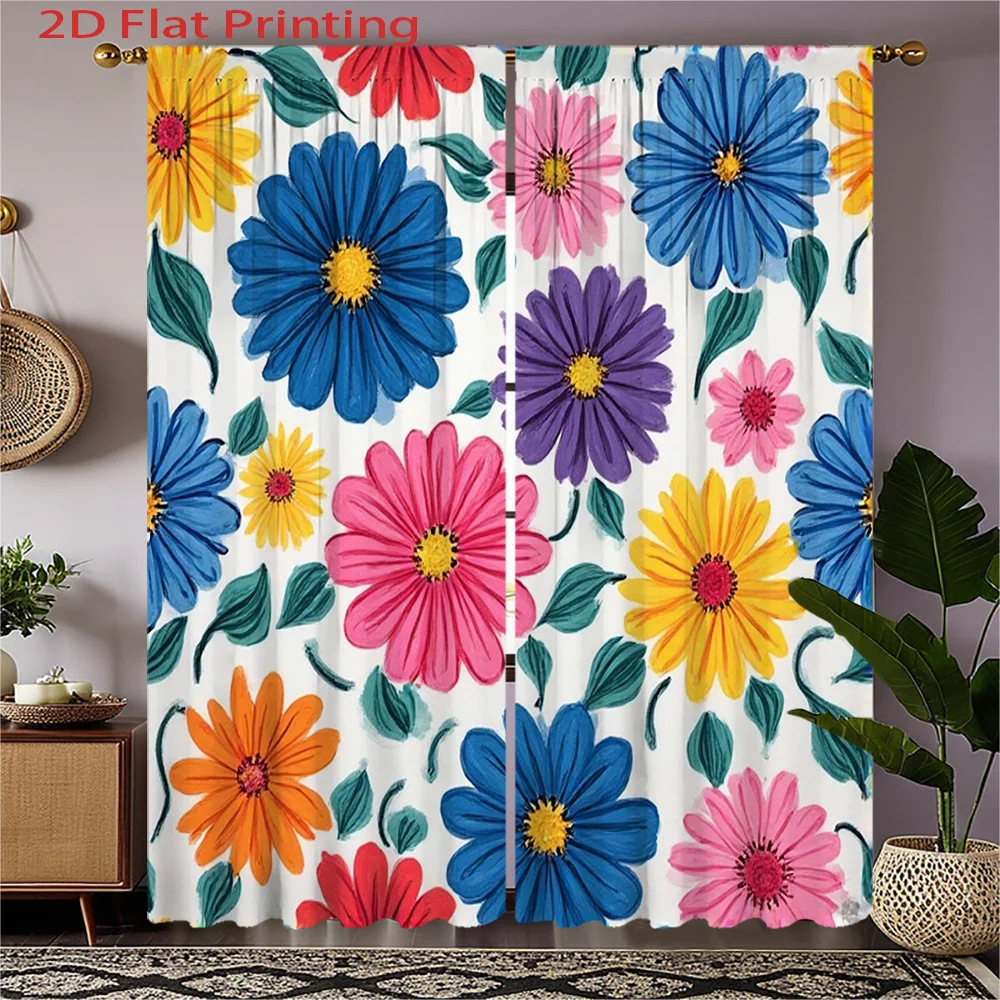 2pcs Colorful Floral Print Curtains with Bright Flowers & Green Leaves - Semi-Sheer Fabric, Contemporary 2D Flat Printi