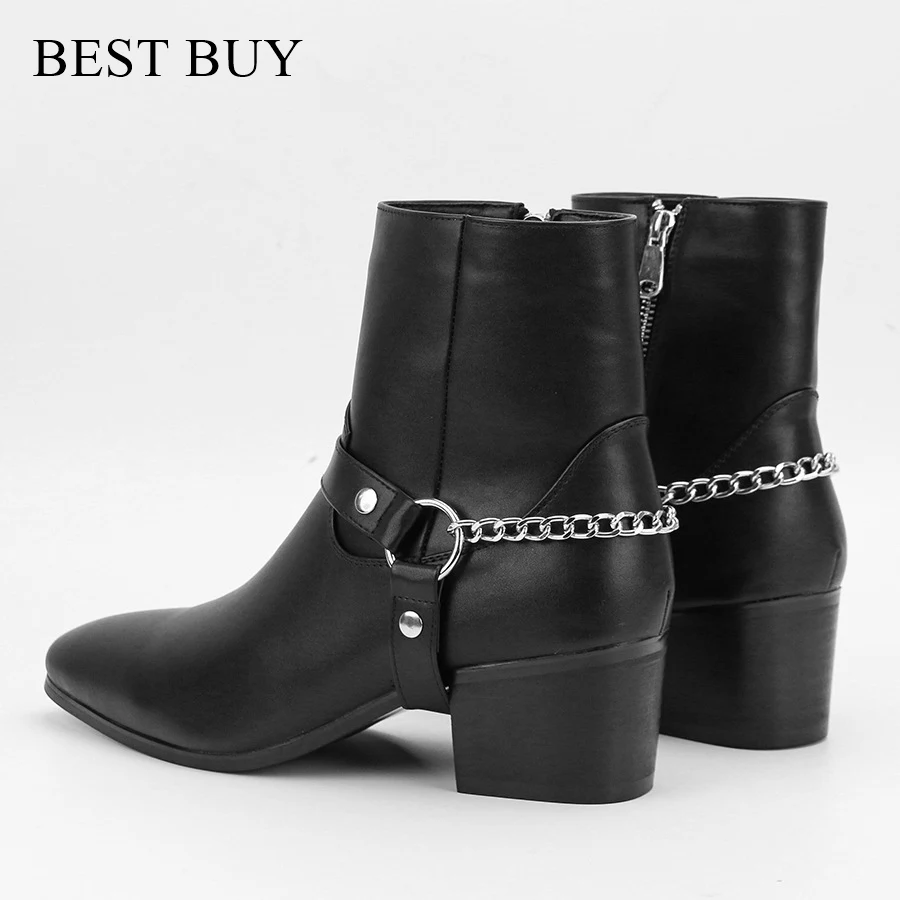 New Beige /Black Leather Shoes Chains Buckle Men Boots Stacked Heel Anke Boots Side Zip Men Fashion Shoes motorcycle boots