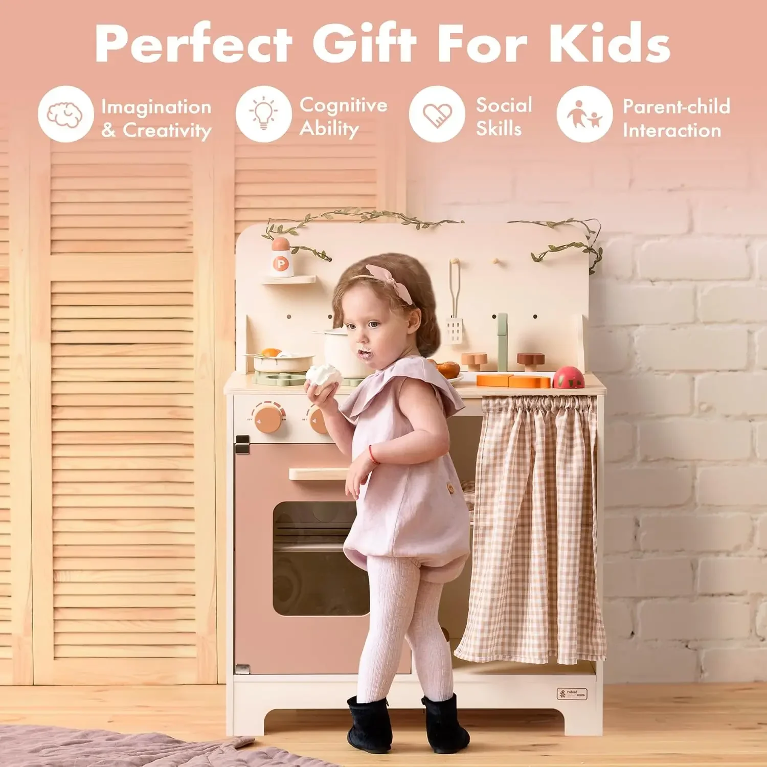 Robotime Robud Kids Play Kitchen Set Wooden Kitchen Sets Pretend Play Kitchen with Leaf Light String Apron and Groves for 3+