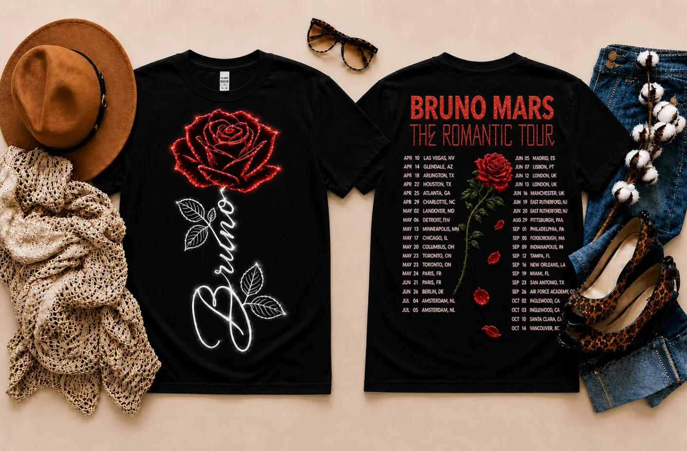 2026 New Bruno Mars The Romantic Tour Graphic T-shirt Unisex Oversized Streetwear Y2K Fan Short Sleeve Casual Tops