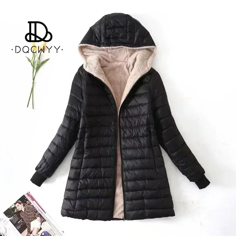 Women\'s Jacket Winter New Mid Length Korean Edition Hooded Fit Plus Fleece Cotton Coat Warm Lamb Fleece Parkas Winter Jackets