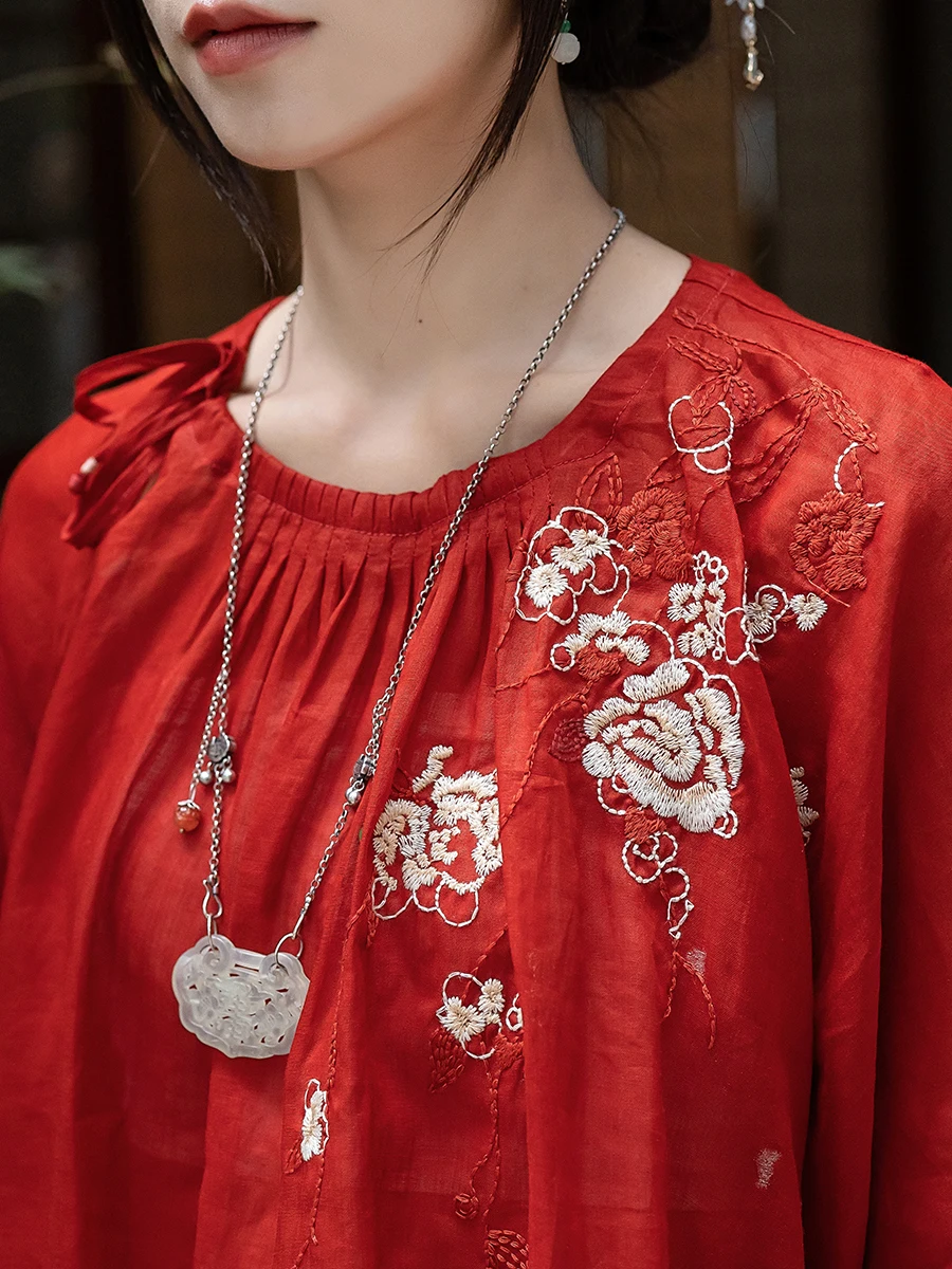 

Yuanzheng Retro Sle Cotton Linen ort Sve Embroidered Loose Chinese Sle Women's Summer irt round Ne Pullover